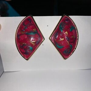 Vintage Geometric Shield Enamel Swirl Statement Earrings Gold Tone Pink Teal 80s